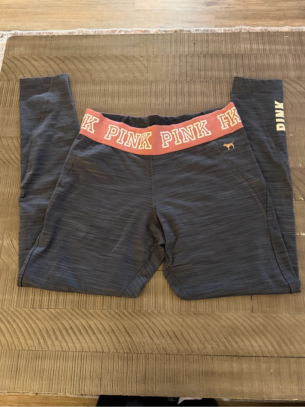 PINK Victoria's Secret Gray Leggings with Coral Pink Logo Waistband